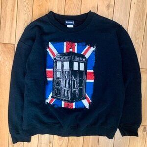 Doctor Who Sweater Police Box Men’s Large Pullover Black Crewneck Graphic Print